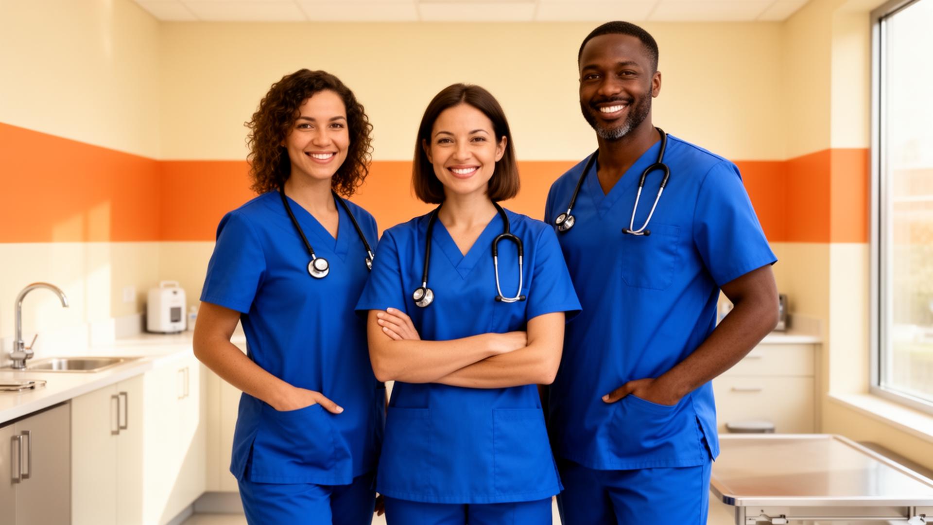 The Northpaw veterinary team in blue scrubs
