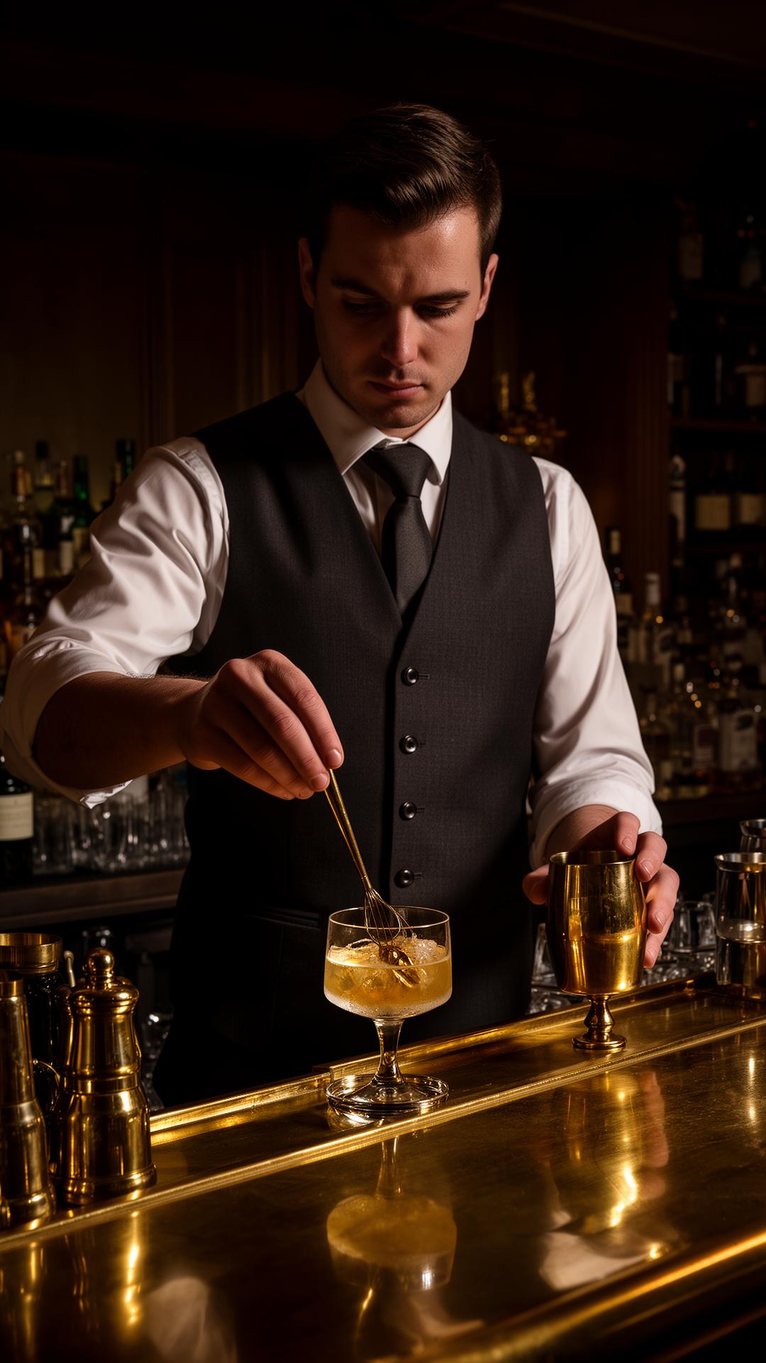 The head bartender stirring a cocktail