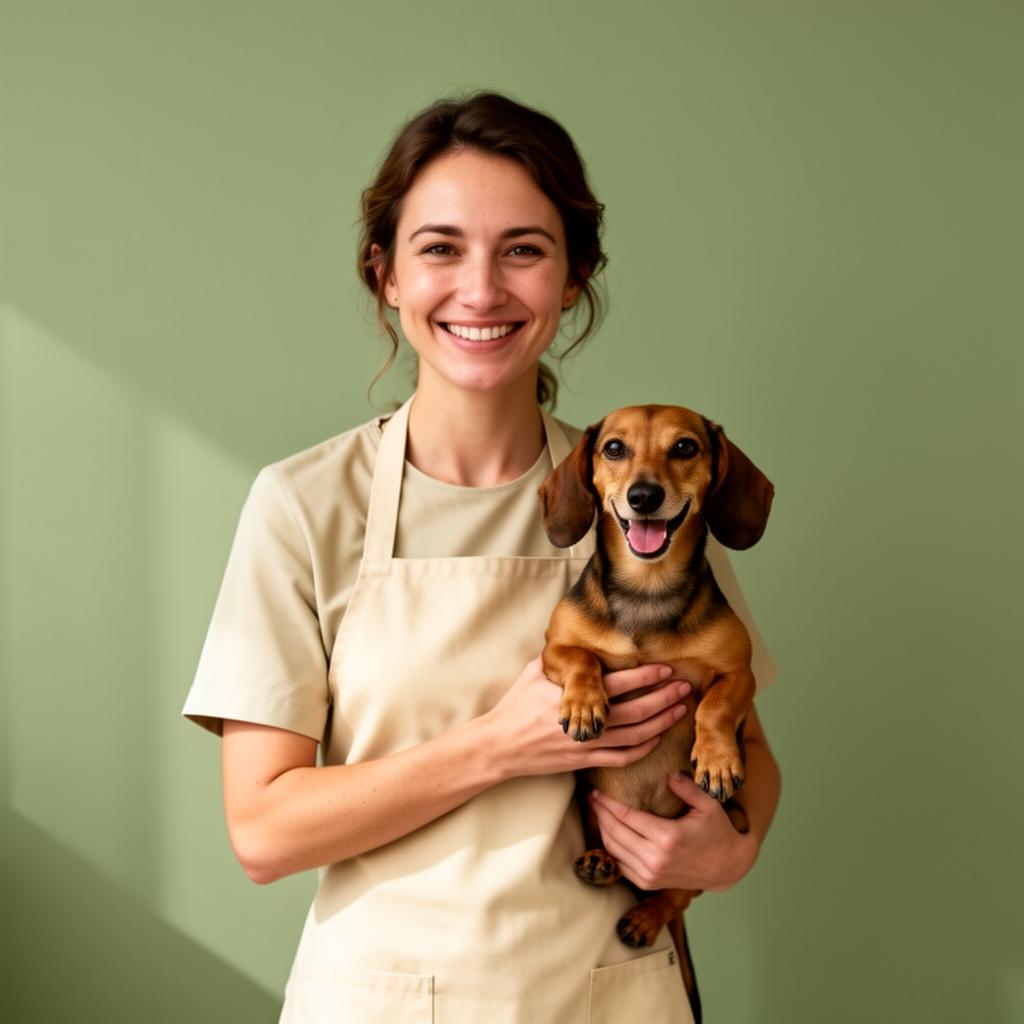 Maya, head groomer at Marlow & Bone, holding a dachshund