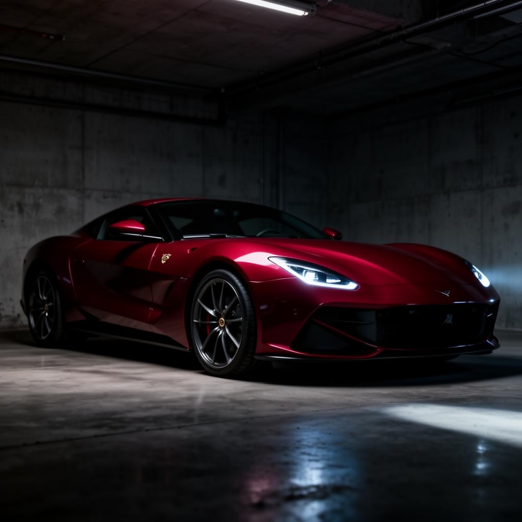 A deep red luxury exotic in a dark garage