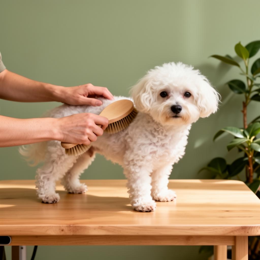 A small dog being brushed on the grooming table