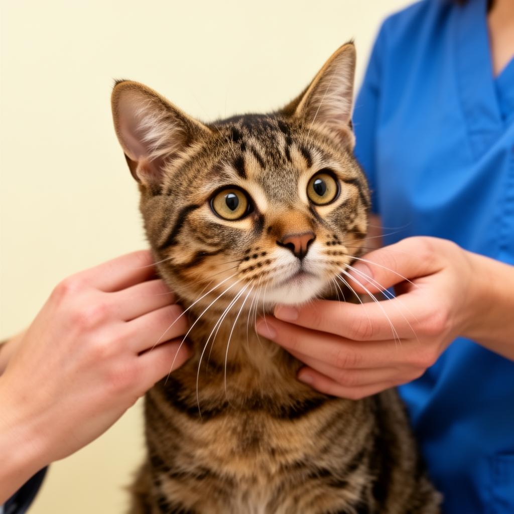 Tabby cat being examined