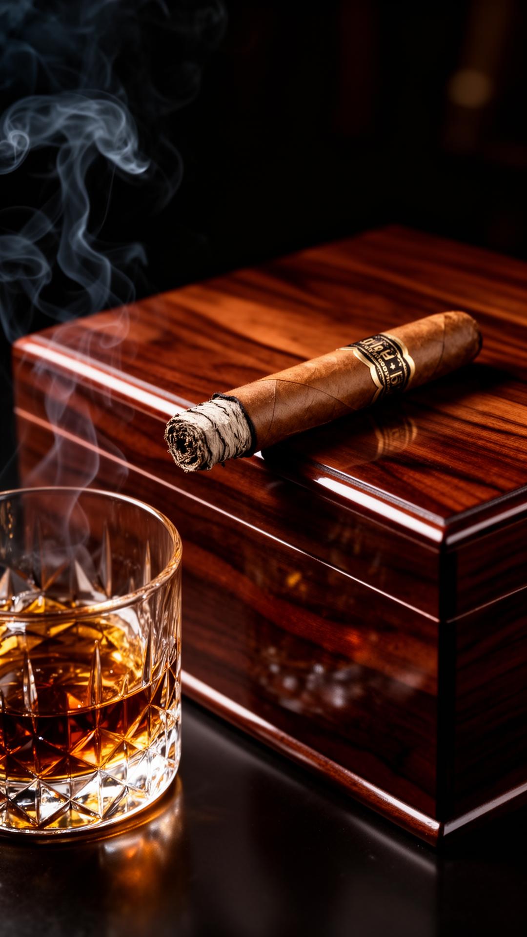 A handrolled cigar on a walnut humidor with whisky