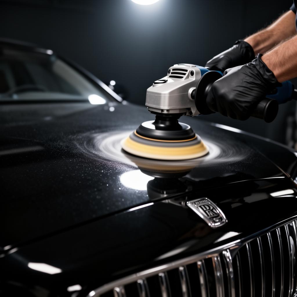Machine polisher gliding across a black hood