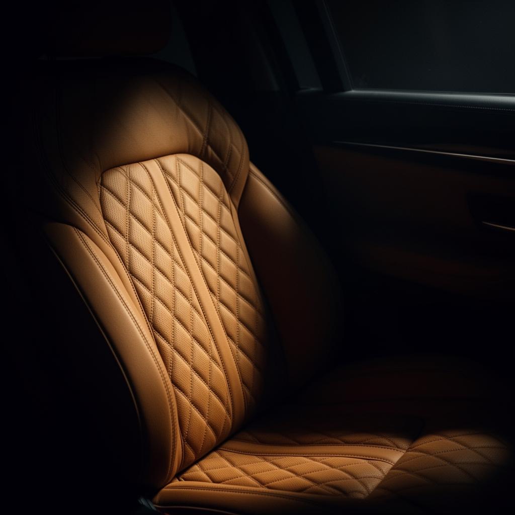 Quilted tan leather seat in low light