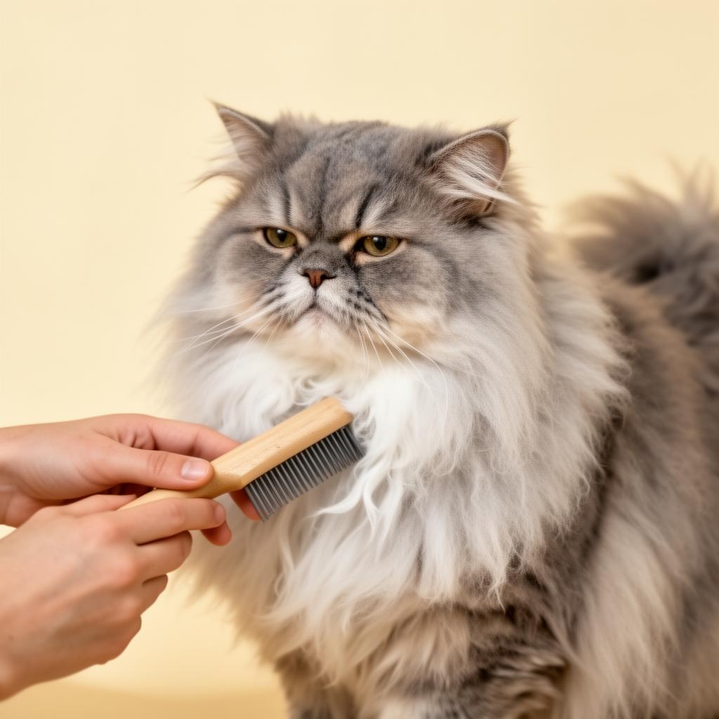 A long-haired cat being gently brushed at the studio