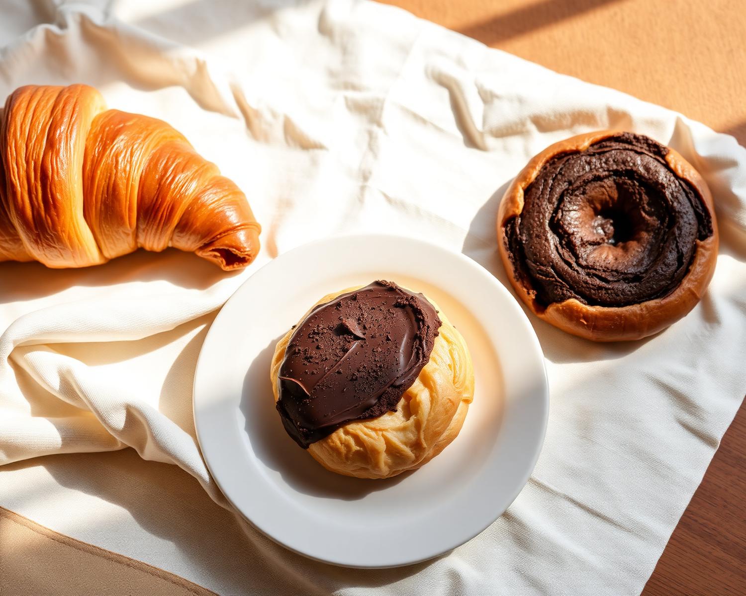 A flatlay of croissant, danish and chocolate cookie
