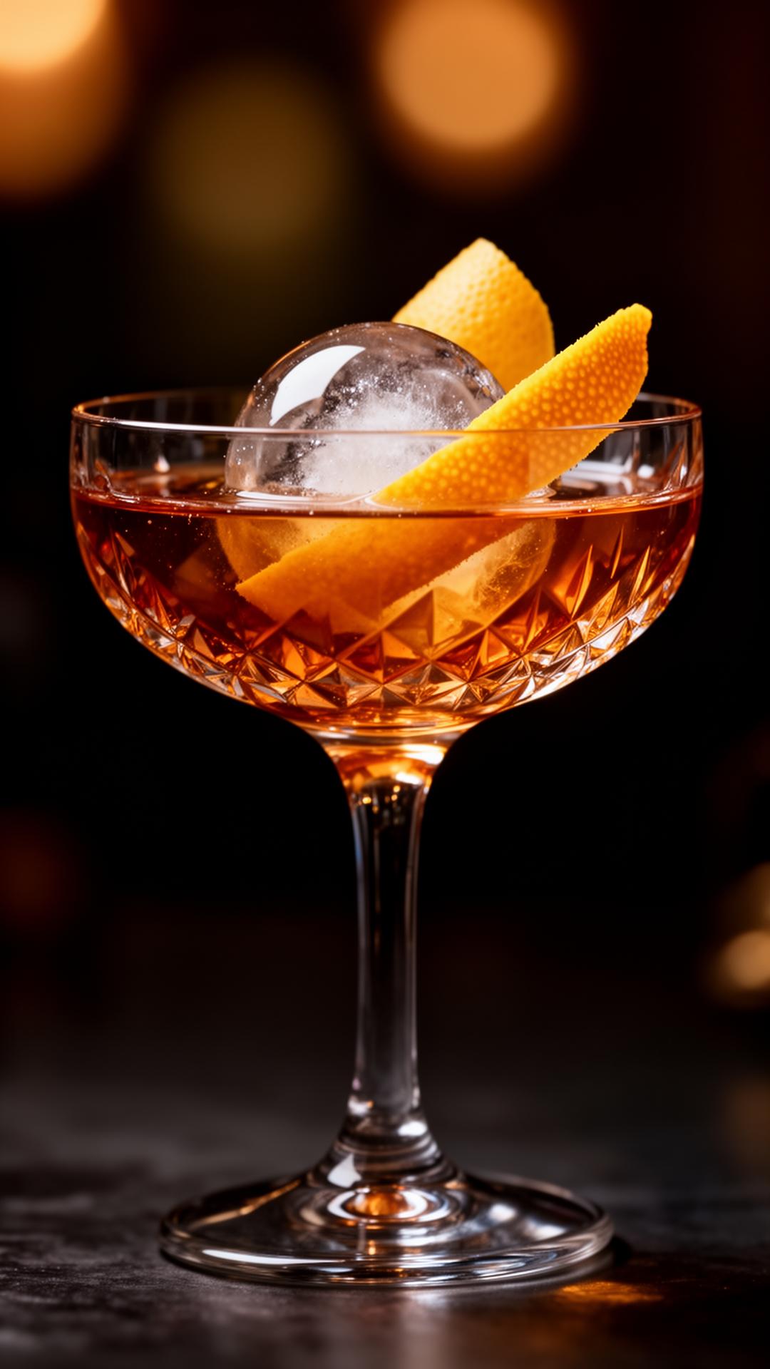 Amber cocktail in a crystal coupe with orange peel