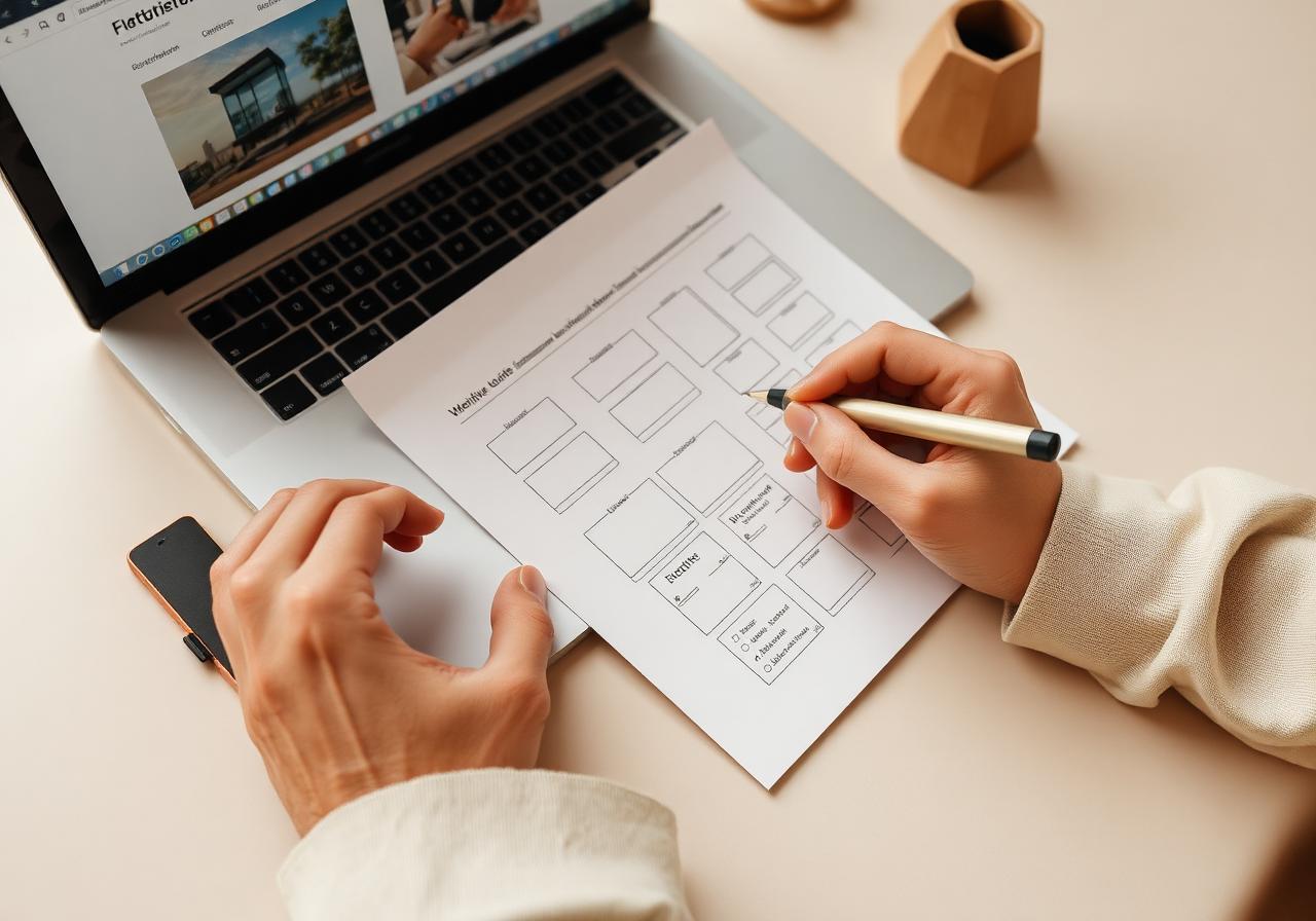 Designer sketching website wireframes next to a laptop