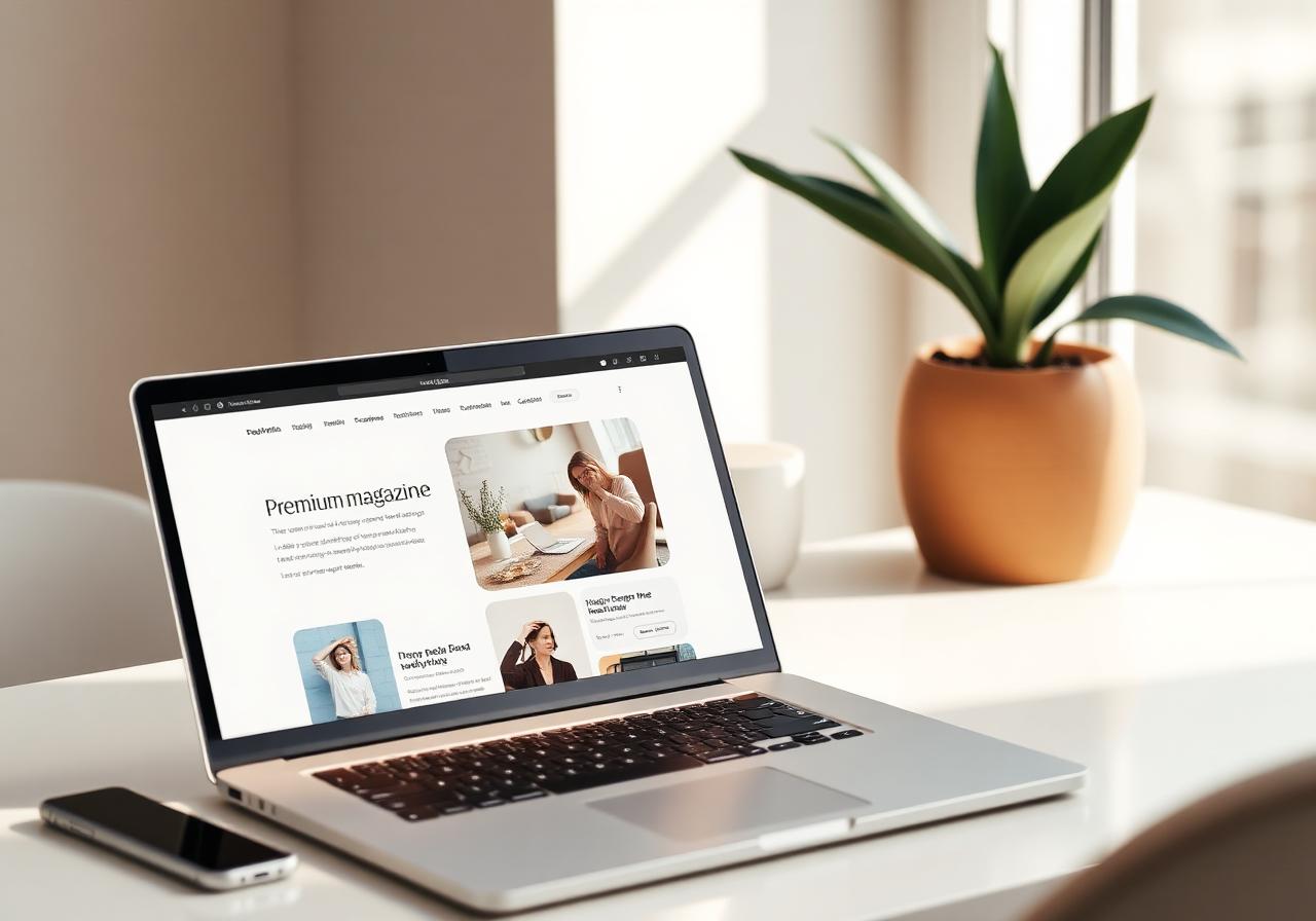 A modern workspace showing a premium website on a laptop