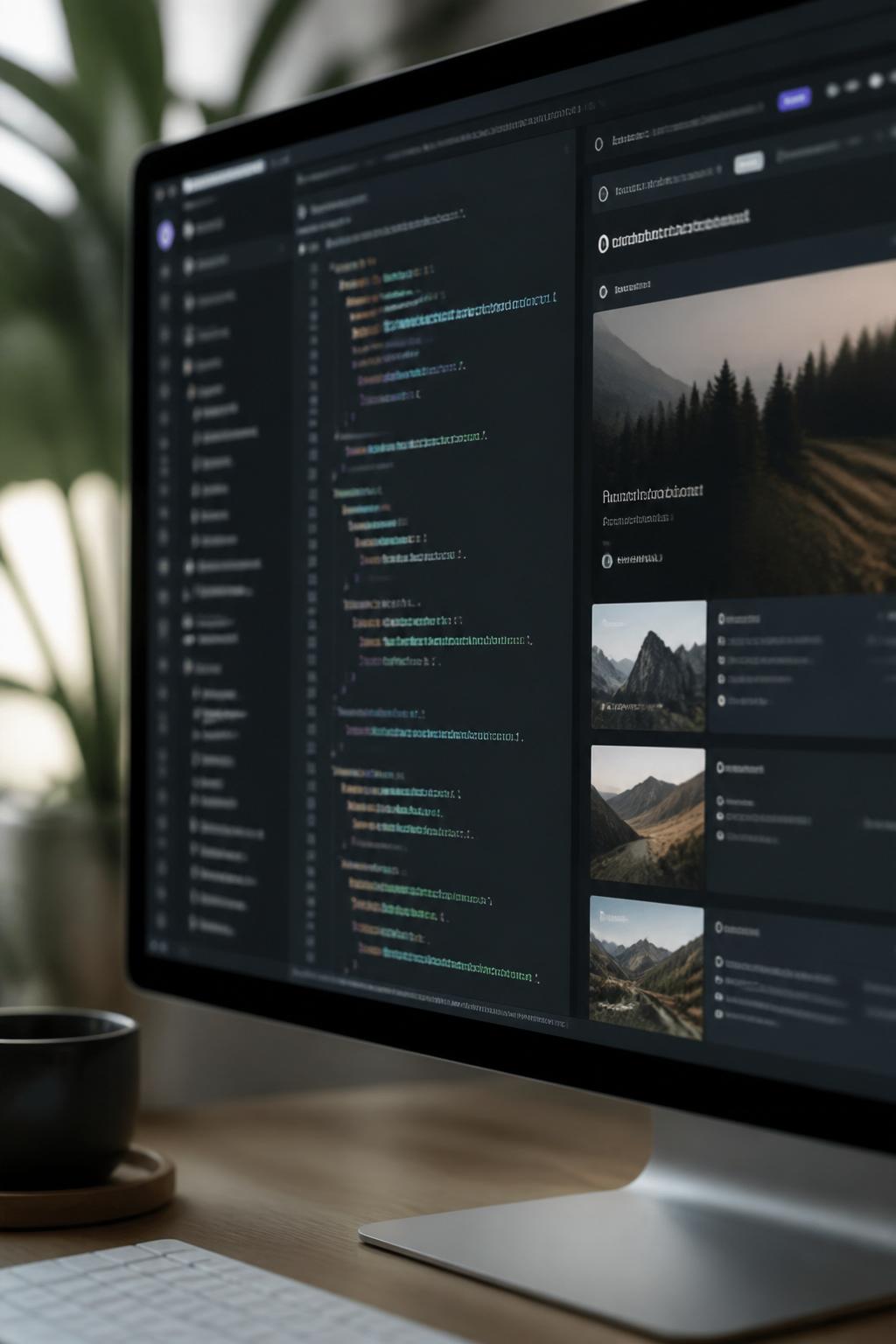 A modern code editor and content management interface displayed on a high-resolution monitor