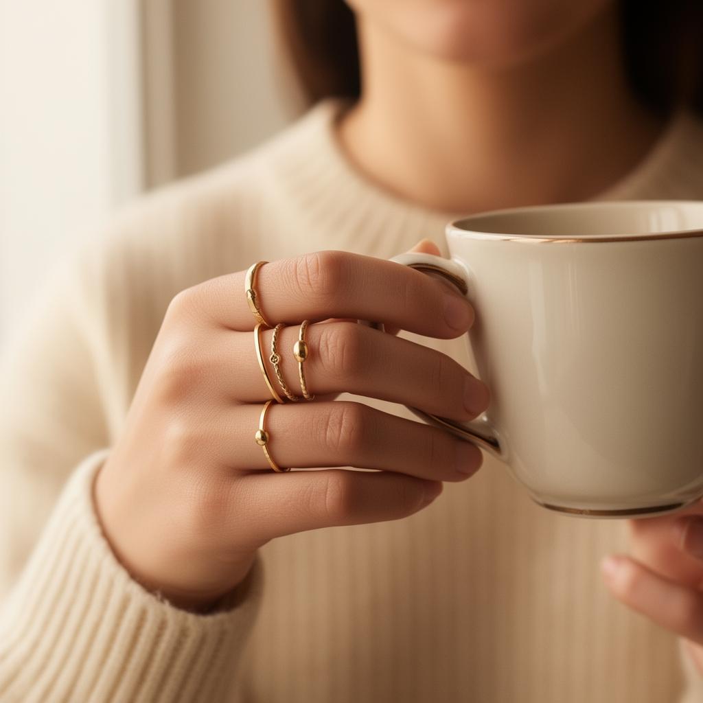 Hand wearing several delicate gold rings holding a coffee cup
