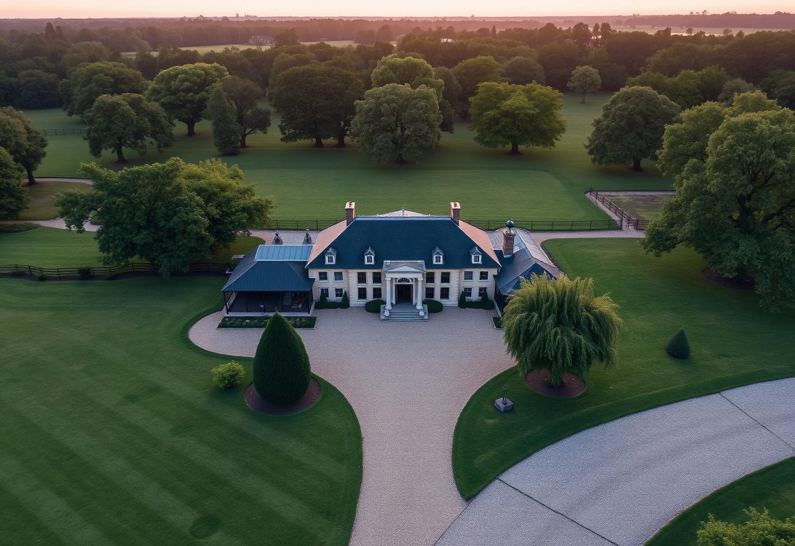 Aerial view of Ashbury House and the estate grounds at dawn