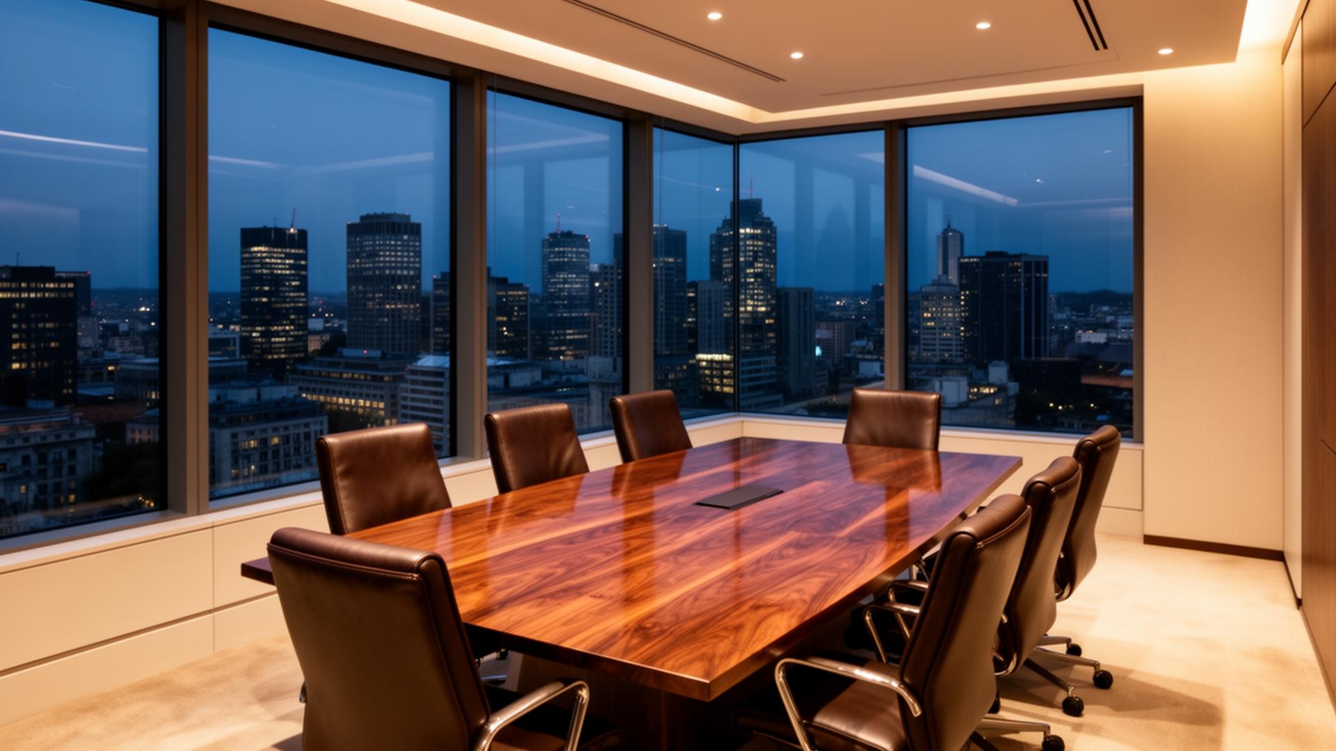 Boardroom at dusk overlooking the city skyline