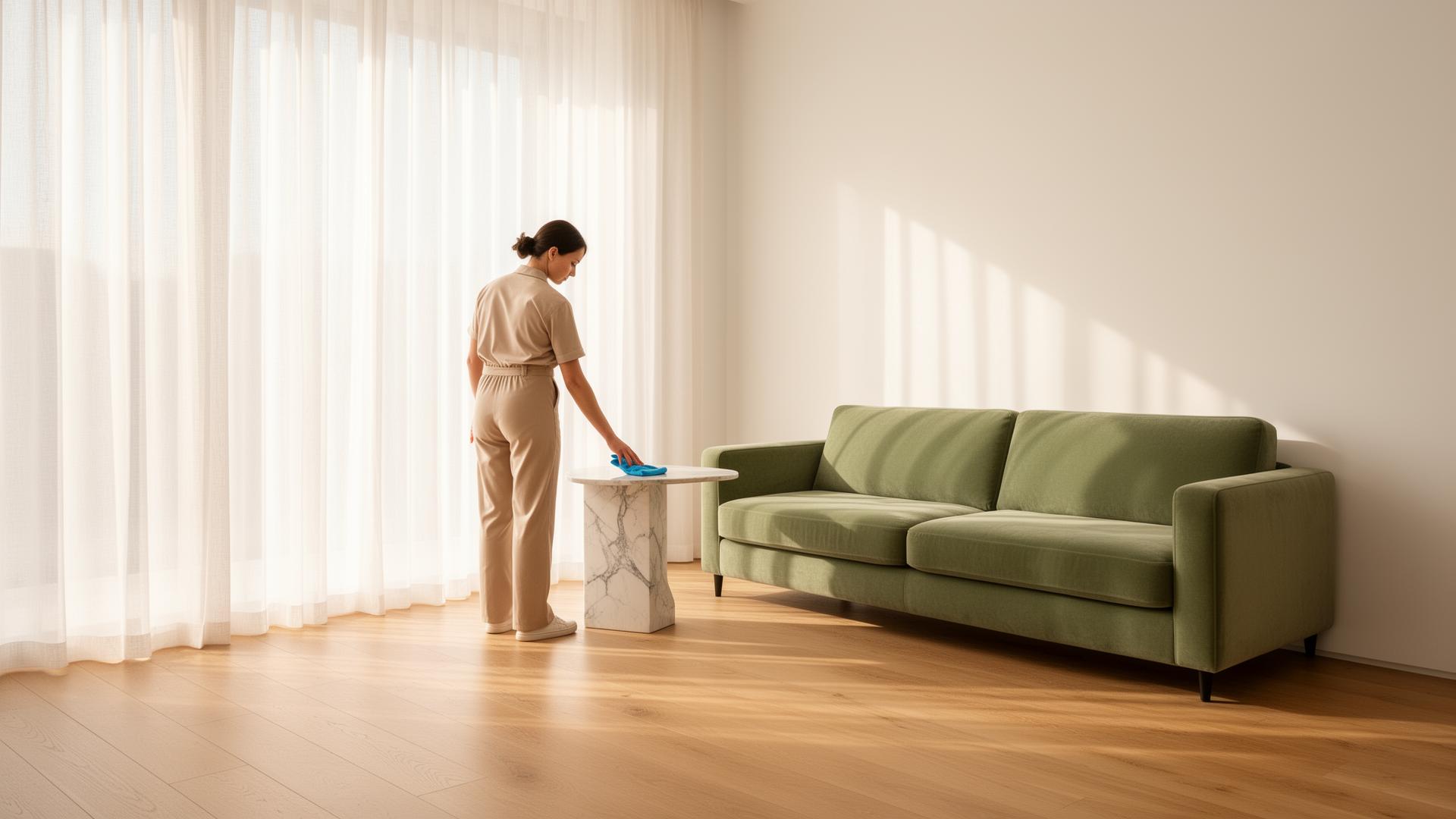 A bright sunlit living room being cleaned