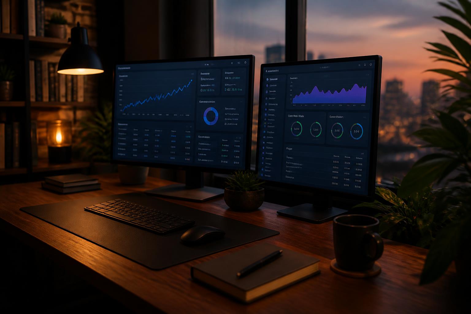 A premium dual-monitor workspace showing website analytics, traffic graphs and Core Web Vitals dashboards