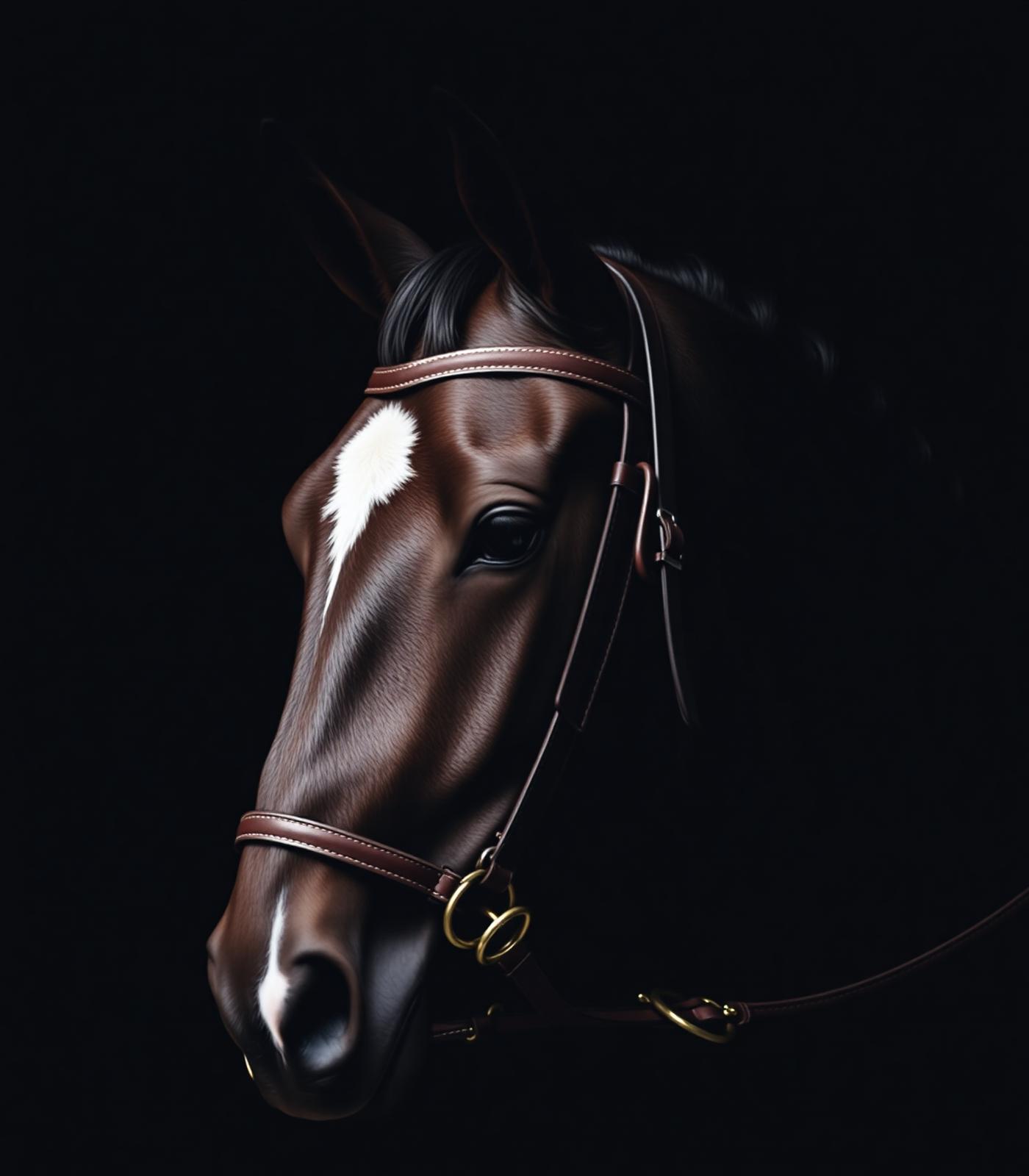 Portrait of a dark bay horse with brass-fitted bridle