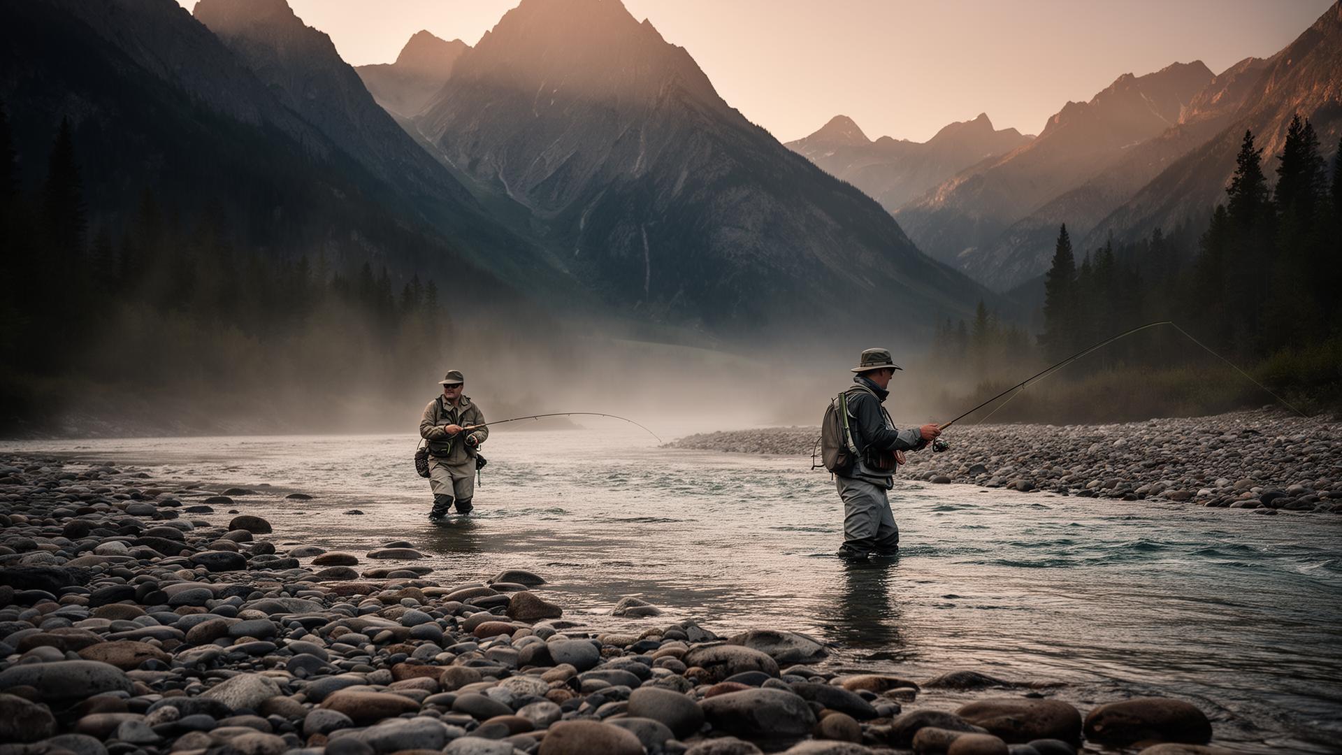 Fly fishing at dawn in mountain river