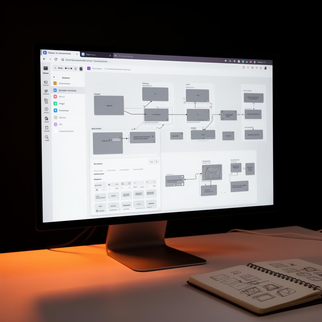 A monitor displaying website wireframes and UX flows alongside a wireframe sketchbook