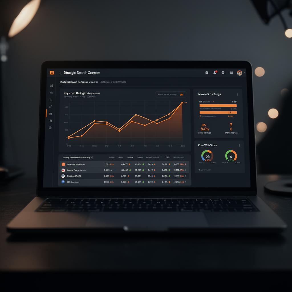A laptop displaying an SEO analytics dashboard with rising keyword rankings and Core Web Vitals scores