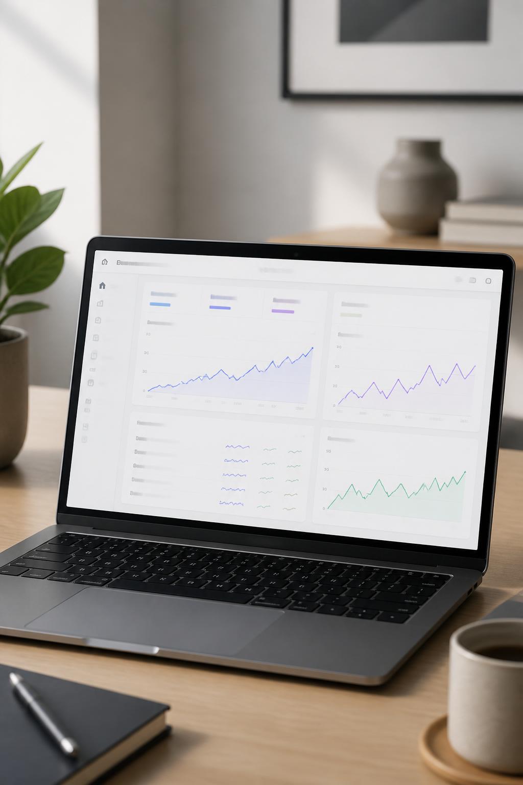 A laptop showing an SEO analytics dashboard with rising organic traffic and keyword ranking graphs