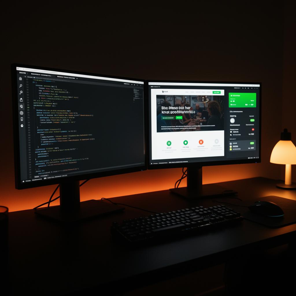 Dual-monitor developer setup showing live code and a website monitoring dashboard