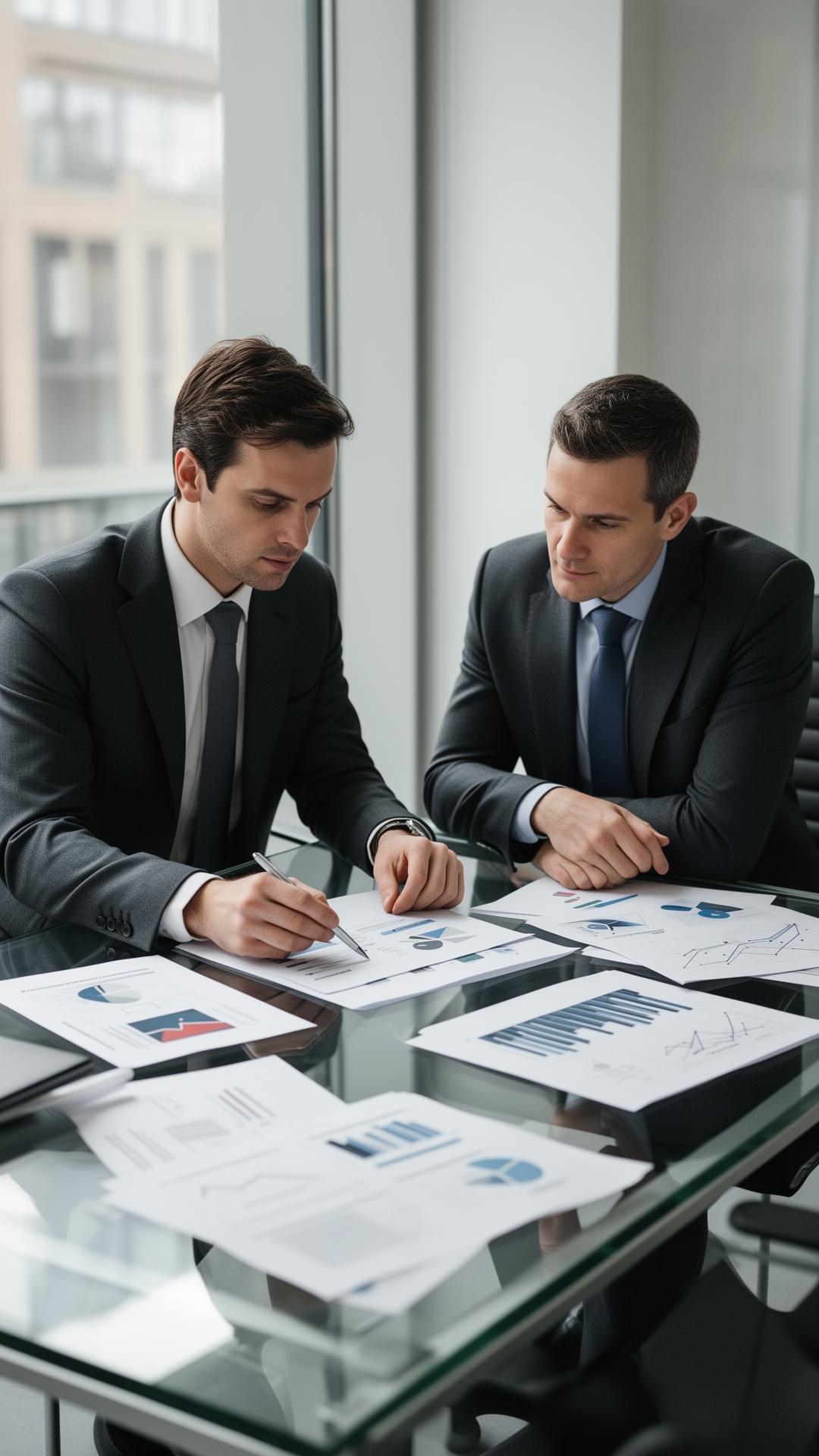 Two strategy advisors reviewing client analysis